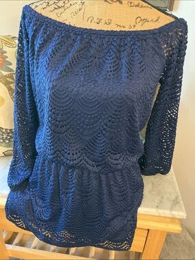 Lilly Pulitzer Navy Blue Crochet Mini Dress Cute Sexy Fabulous!! M